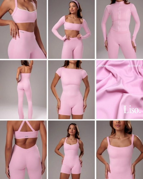 activewear set, gym outfit, workout clothes, sports bra leggings set, athletic wear, fitness apparel, new arrival, product launch, editorial, minimalist, fresh, calm, pink, neutral